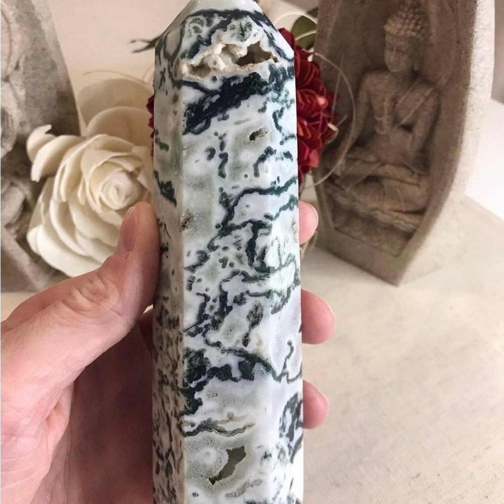 7” Moss Agate Crystal Tower with Druzy Geode Pockets 508g Natural Polished Point